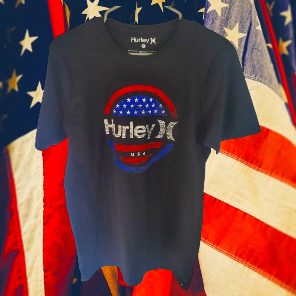 Hurley USA Flag Red White Blue Black Men's Tee Short Sleeve Skater Tshirt
